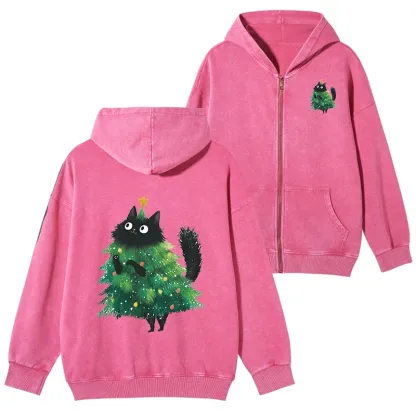 Tokyo-Tiger Christmas Tree Cat Japan Washed Zip Hoodie