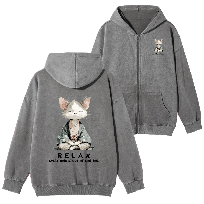 Tokyo-Tiger Zen Cat Relaxation，Everything's Out Of Control Washed Zip Hoodie