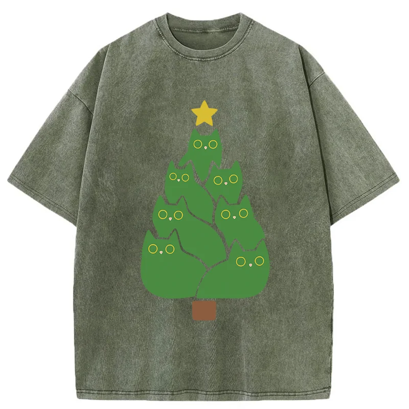 Tokyo-Tiger Christmas Tree Cat Washed T-Shirt