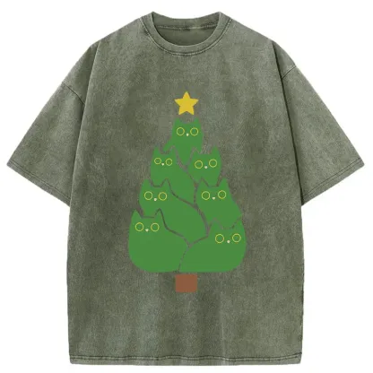 Tokyo-Tiger Christmas Tree Cat Washed T-Shirt