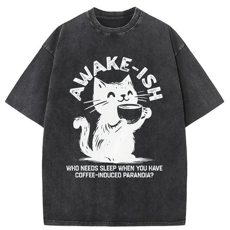 Tokyo-Tiger Staying Awake Because Of Coffee Washed T-Shirt