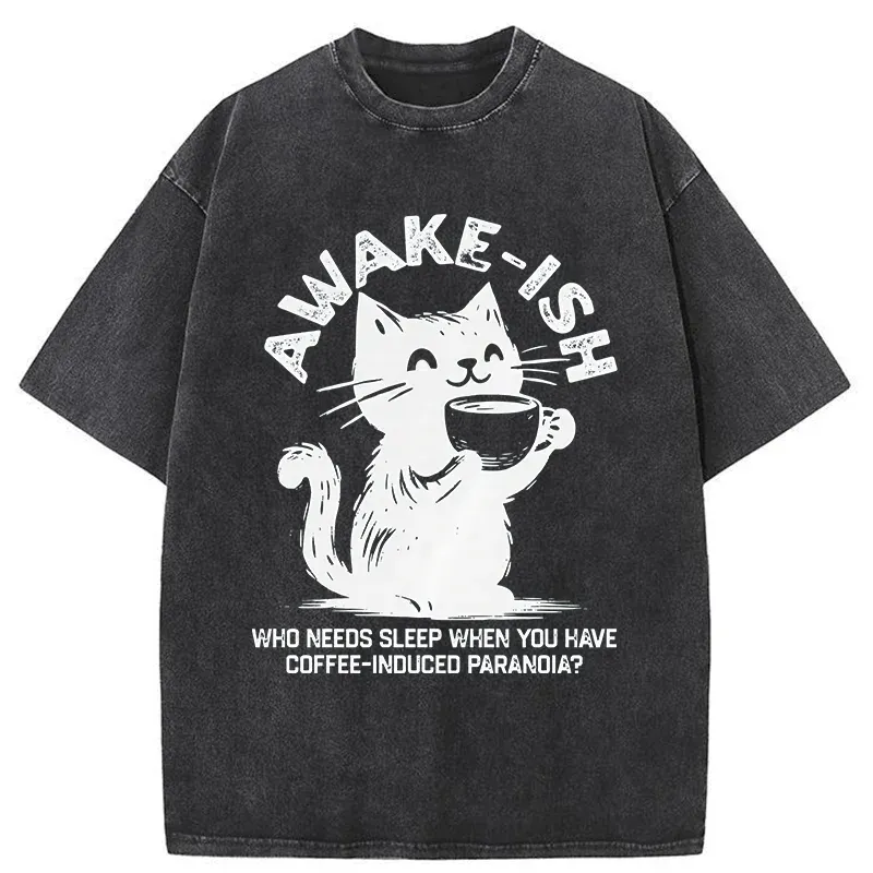 Tokyo-Tiger Staying Awake Because Of Coffee Washed T-Shirt Sale