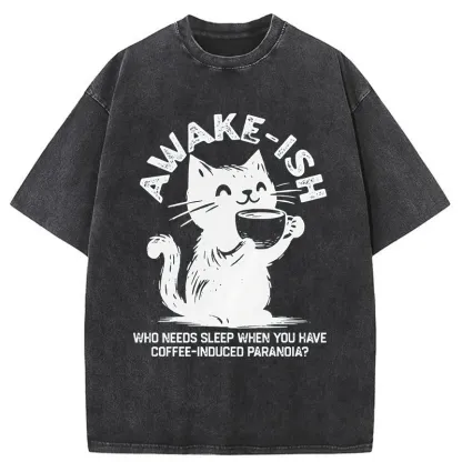 Tokyo-Tiger Staying Awake Because Of Coffee Washed T-Shirt