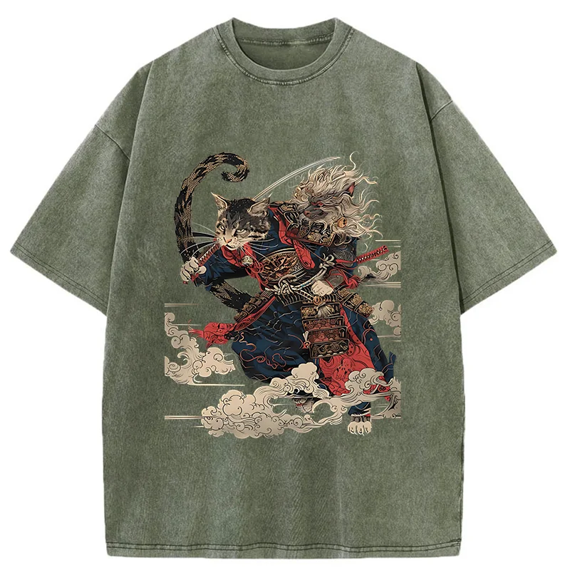 Tokyo-Tiger Gorgeous Samurai Cat Washed T-Shirt
