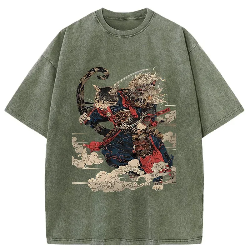 Tokyo-Tiger Gorgeous Samurai Cat Washed T-Shirt