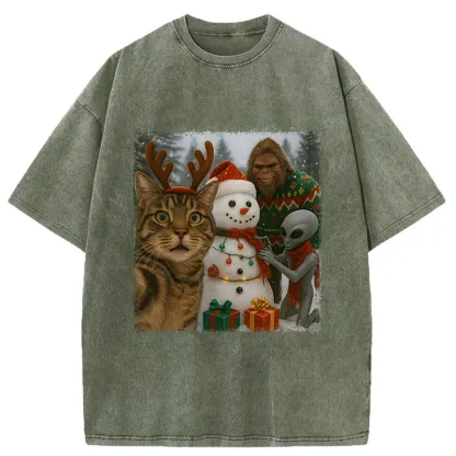 Tokyo-Tiger Christmas Cat Selfie Funny Washed T-Shirt