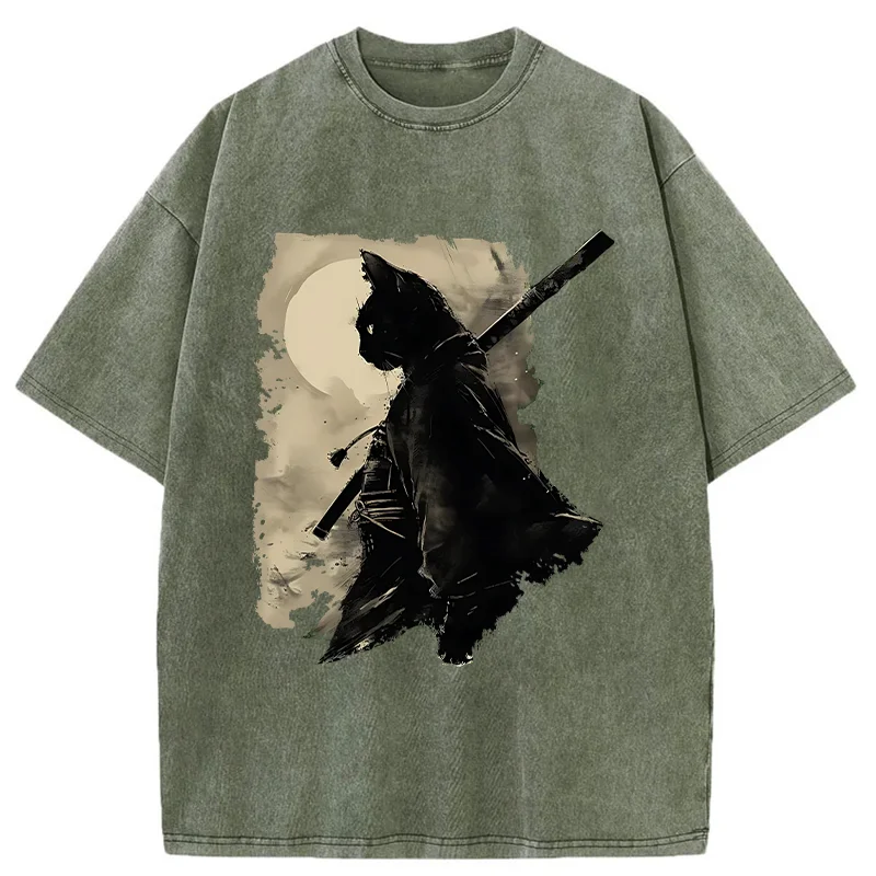 Tokyo-Tiger Under The Moon Cat Samurai Washed T-Shirt