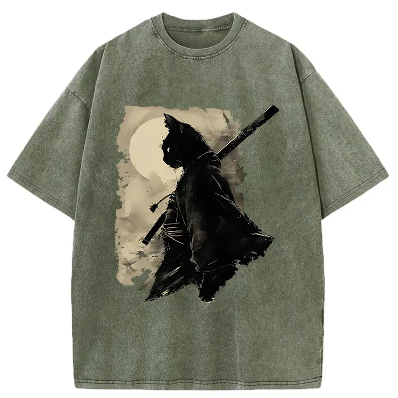 Tokyo-Tiger Under The Moon Cat Samurai Washed T-Shirt