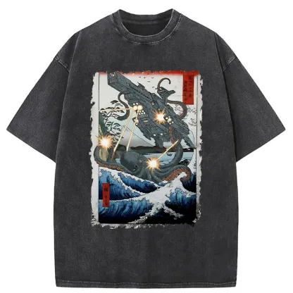 Tokyo-Tiger Octopus VS Spaceship Washed T-Shirt