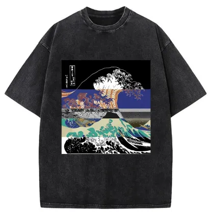 Tokyo-Tiger Ukiyo-e Style Waves Washed T-Shirt