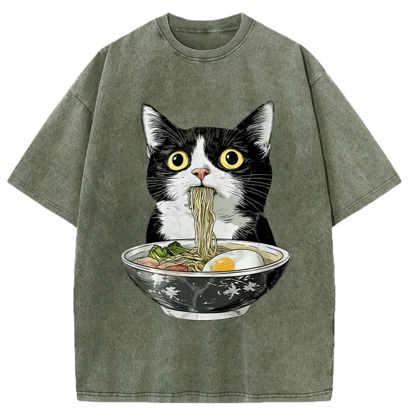 Tokyo-Tiger Cute Cat Eating Japan Ramen Washed T-Shirt Sale