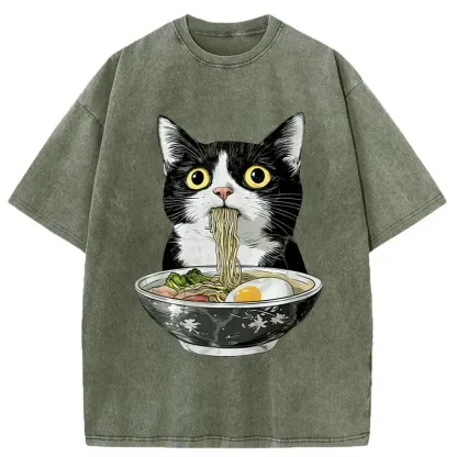 Tokyo-Tiger Cute Cat Eating Japan Ramen Washed T-Shirt