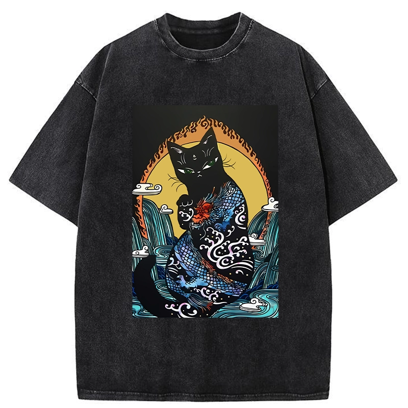 Tokyo-Tiger Black Cat With Dragon Pattern Washed T-Shirt