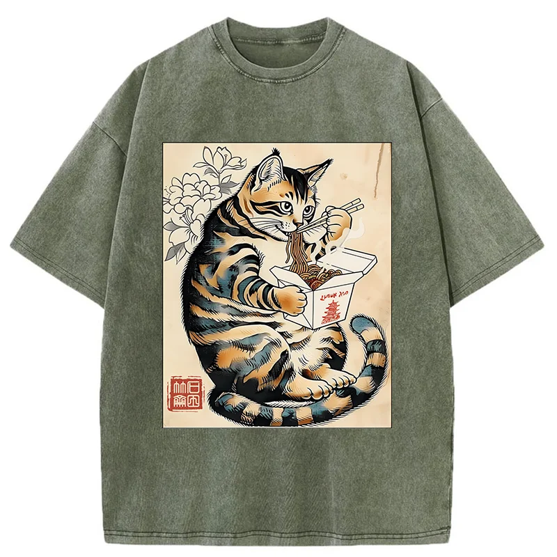 Tokyo-Tiger Cat Eating Takeout Washed T-Shirt