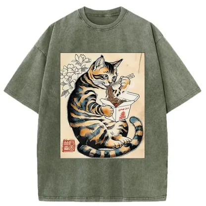 Tokyo-Tiger Cat Eating Takeout Washed T-Shirt