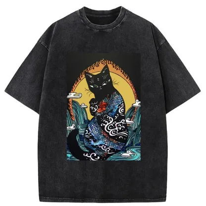 Tokyo-Tiger Black Cat With Dragon Pattern Washed T-Shirt