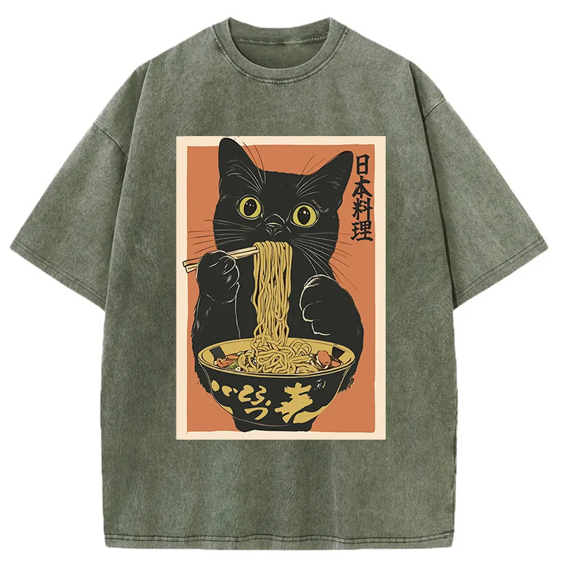 Tokyo-Tiger Black Cat Eats Japan Ramen Washed T-Shirt