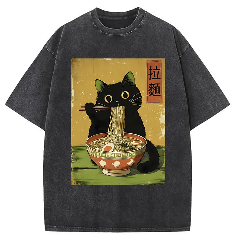 Tokyo-Tiger Vintage Japanese Cat Eating Ramen Washed T-Shirt