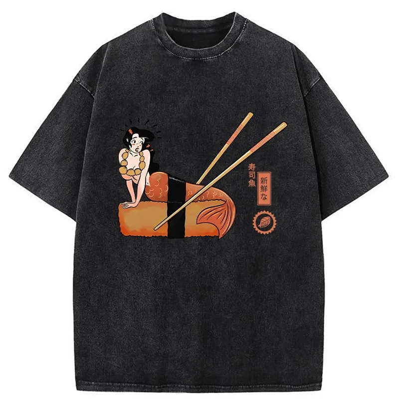 Tokyo-Tiger Funny Sushi Mermaid Washed T-Shirt