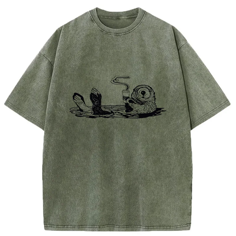 Tokyo-Tiger Otter Drinking Coffee Washed T-Shirt