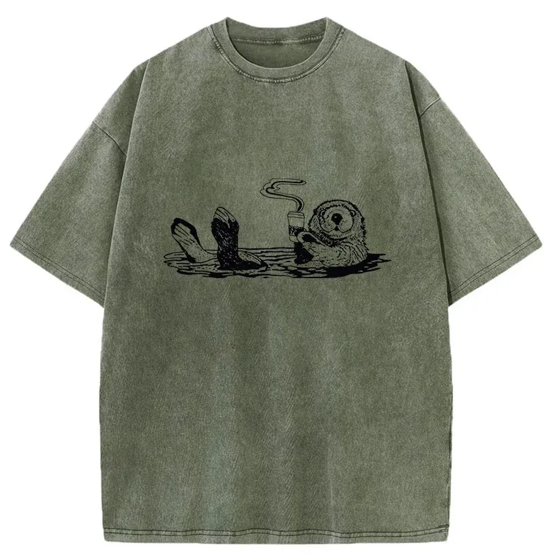 Tokyo-Tiger Otter Drinking Coffee Washed T-Shirt