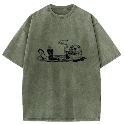 Tokyo-Tiger Otter Drinking Coffee Washed T-Shirt