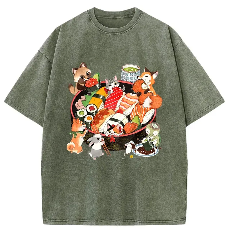 Tokyo-Tiger Sushi Animal Party Washed T-Shirt Sale