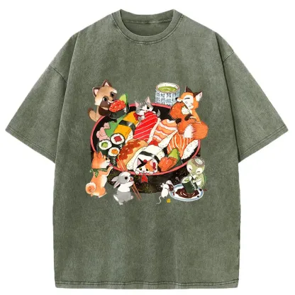 Tokyo-Tiger Sushi Animal Party Washed T-Shirt