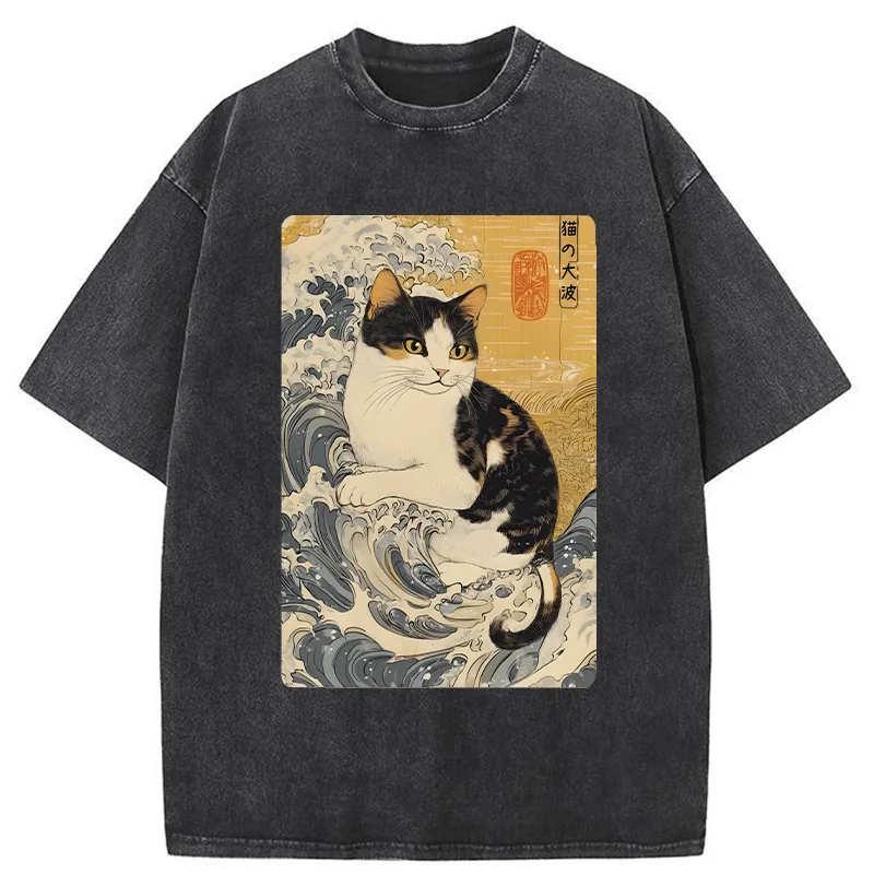 Tokyo-Tiger Surfing Cat Washed T-Shirt