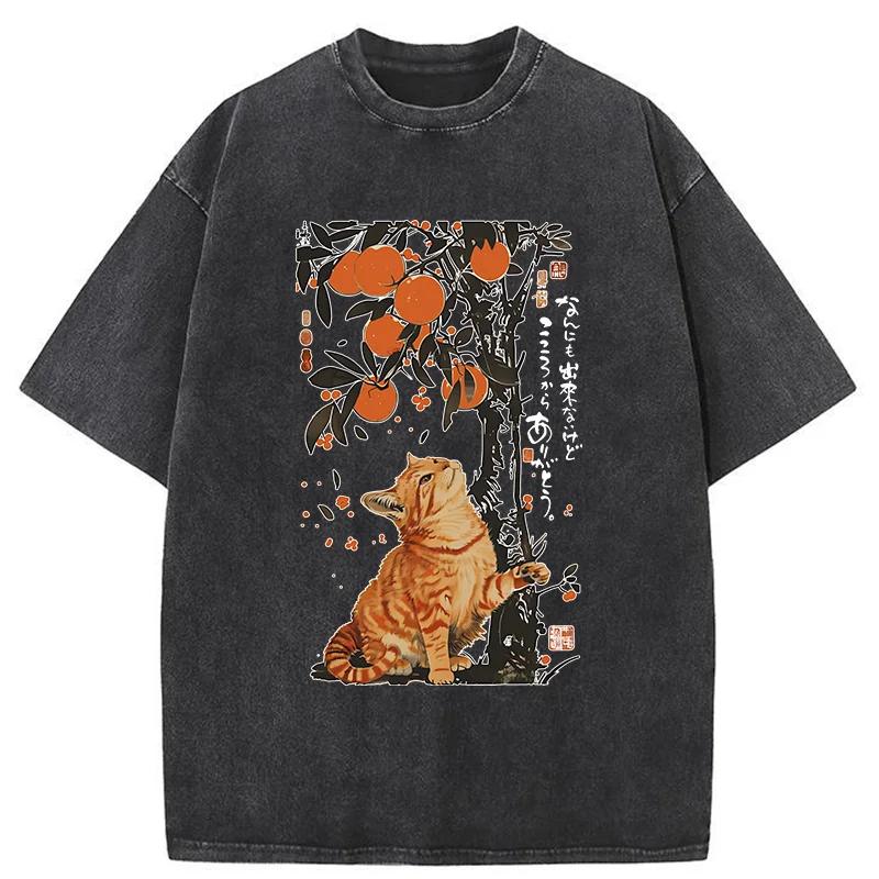 Tokyo-Tiger Orange Cat Wants To Eat Oranges Washed T-Shirt