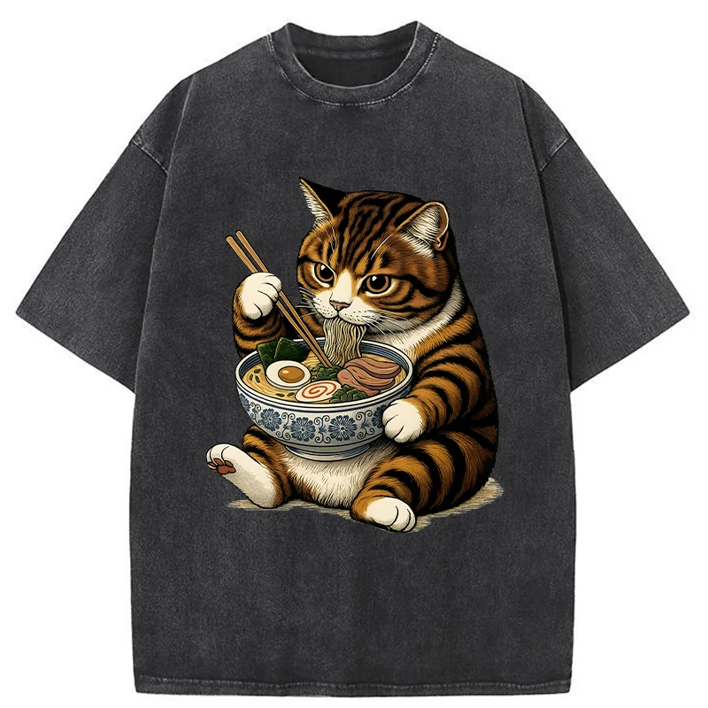 Tokyo-Tiger Tabby Cat Eats Ramen Washed T-Shirt