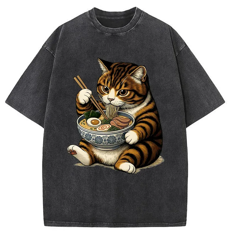 Tokyo-Tiger Tabby Cat Eats Ramen Washed T-Shirt