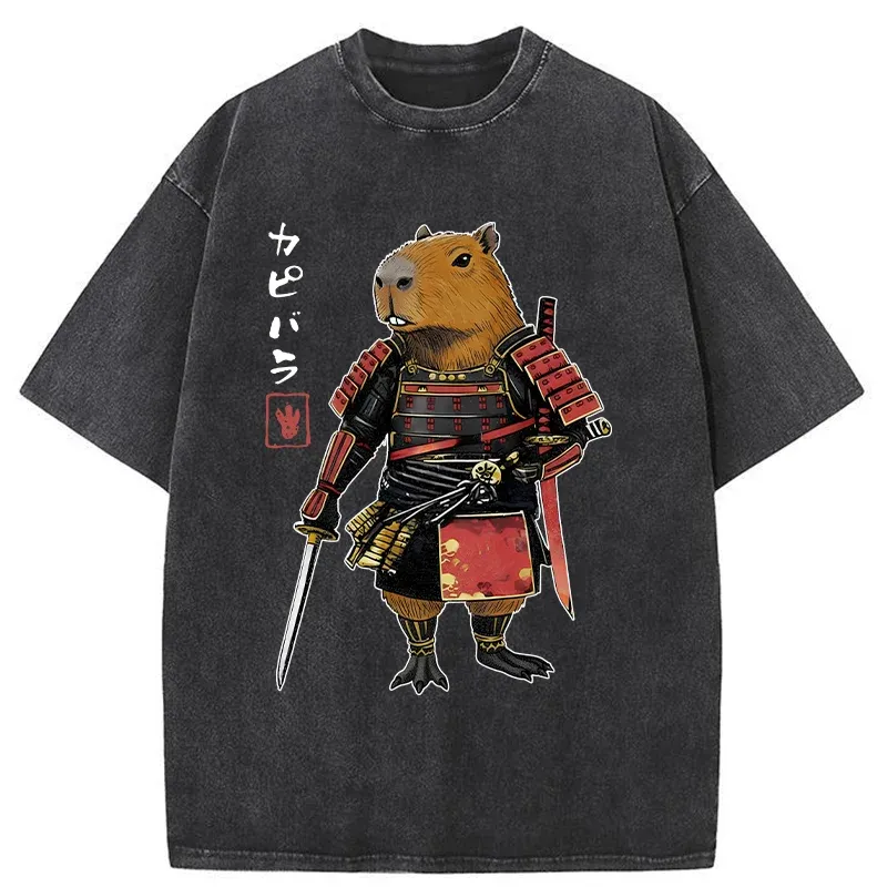 Tokyo-Tiger Capybara Samurai Wearing Armor Washed T-Shirt