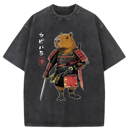 Tokyo-Tiger Capybara Samurai Wearing Armor Washed T-Shirt