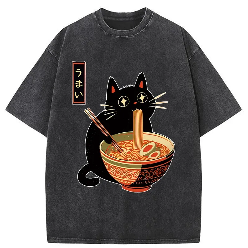 Tokyo-Tiger Cat Eats Super Delicious Ramen Washed T-Shirt