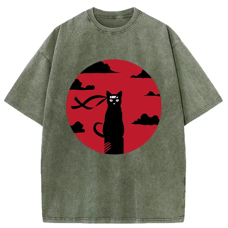 Tokyo-Tiger Ninja Cat In The Dark Washed T-Shirt