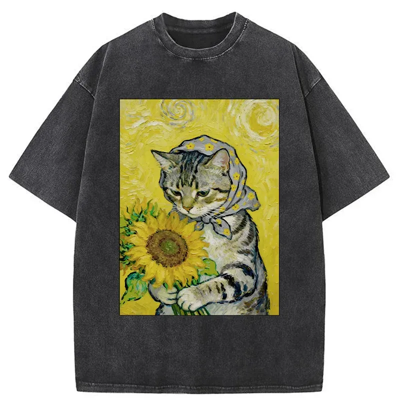 Tokyo-Tiger Cat Is Picking Sunflowers Washed T-Shirt