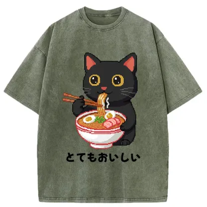 Tokyo-Tiger Black Cat Eats Ramen Pixel Art Style Washed T-Shirt