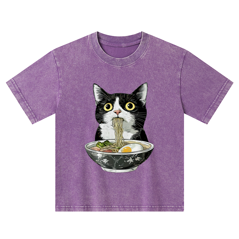 Tokyo-Tiger Cute Cat Eating Japan Ramen Kids Washed T-Shirt