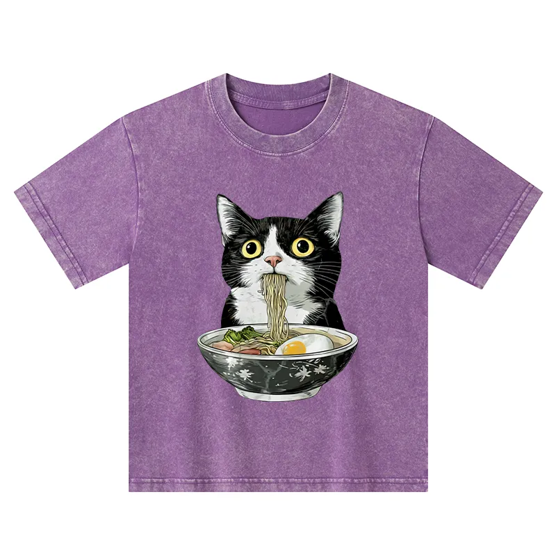 Tokyo-Tiger Cute Cat Eating Japan Ramen Kids Washed T-Shirt