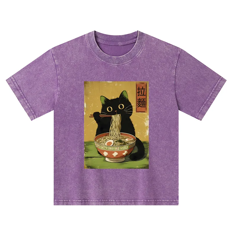 Tokyo-Tiger Vintage Japanese Cat Eating Ramen Kids Washed T-Shirt