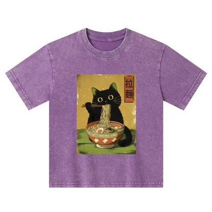Tokyo-Tiger Vintage Japanese Cat Eating Ramen Kids Washed T-Shirt