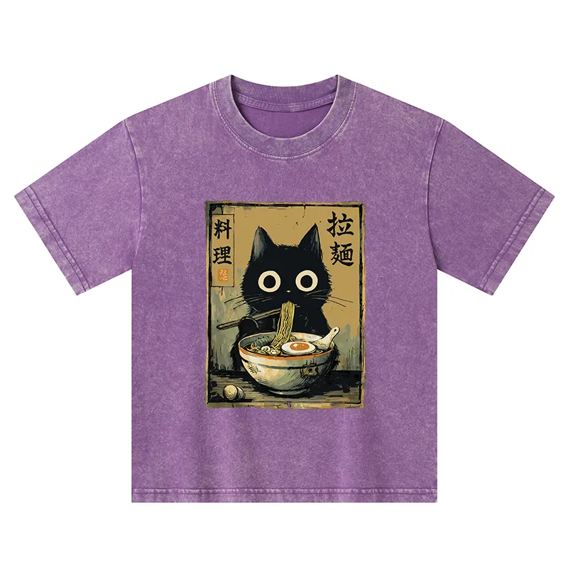 Tokyo-Tiger Cute Black Cat Eating Ramen Japan Kids Washed T-Shirt