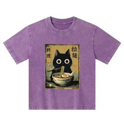 Tokyo-Tiger Cute Black Cat Eating Ramen Japan Kids Washed T-Shirt