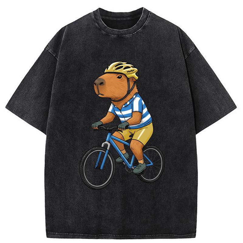 Tokyo-Tiger Capybara Riding A Bicycle Washed T-Shirt