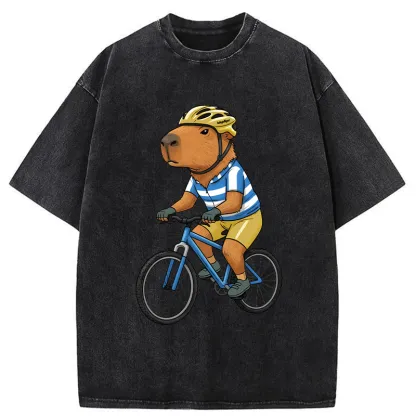 Tokyo-Tiger Capybara Riding A Bicycle Washed T-Shirt