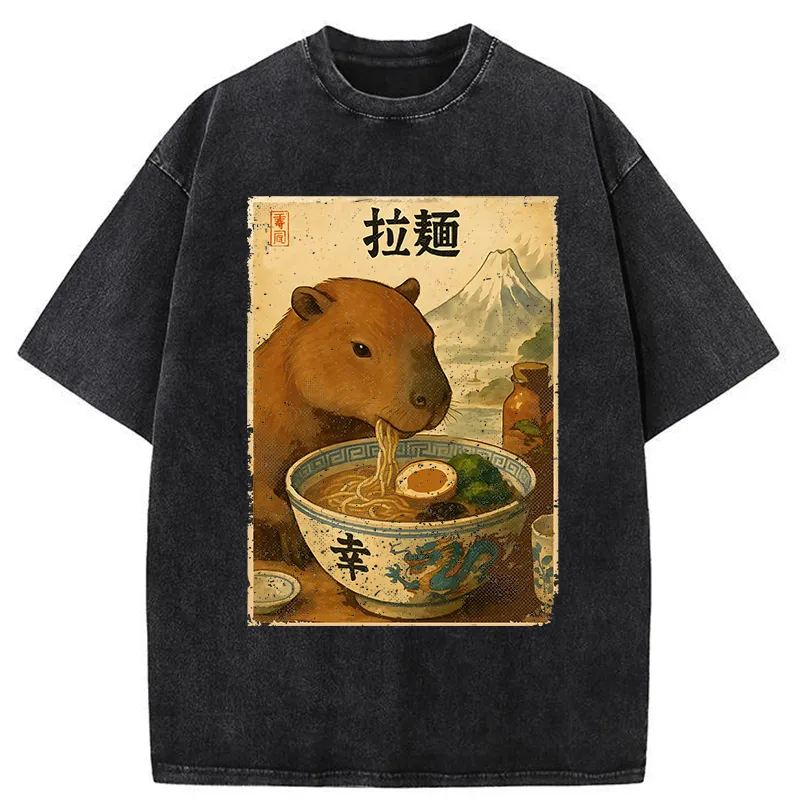 Tokyo-Tiger Capybara Eating Japan Ramen Washed T-Shirt Sale