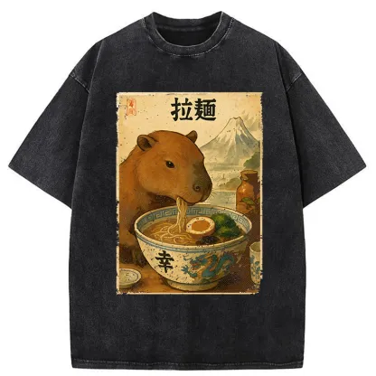 Tokyo-Tiger Capybara Eating Japan Ramen Washed T-Shirt