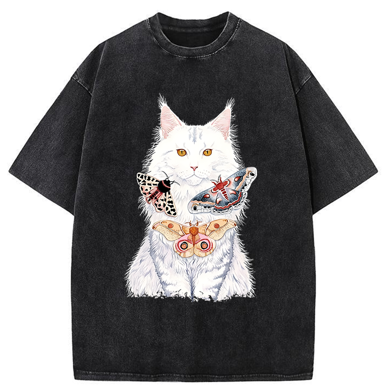Tokyo-Tiger Elegant White Cat Washed T-Shirt