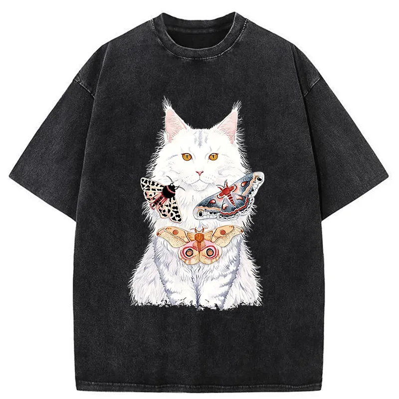 Tokyo-Tiger Elegant White Cat Washed T-Shirt